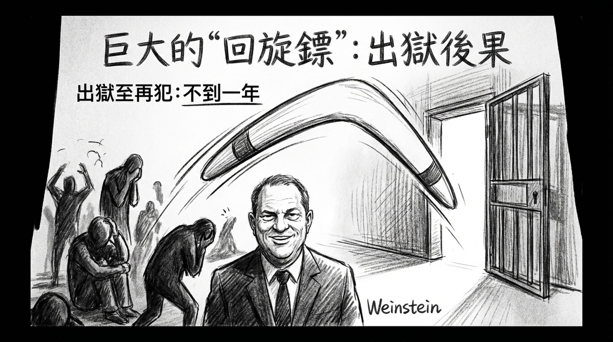 一个巨大的回旋镖飞向监狱大门，门前站立的温斯坦脸上露出狡诈笑容，背景是受害者绝望的影子，强烈的戏剧冲突。