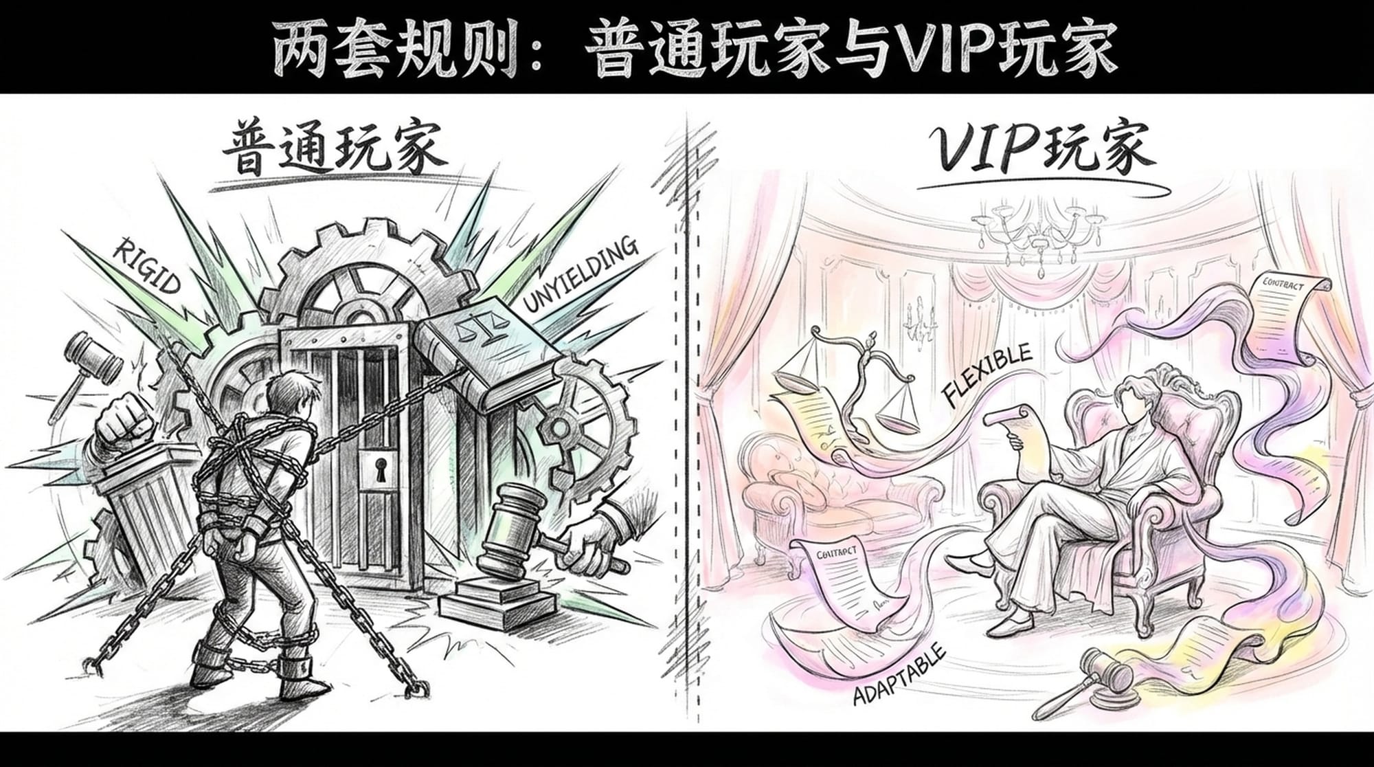 画面分为两半，一边是普通人被锁链束缚，面对冰冷的法律机器，另一边是VIP玩家在华丽的房间里，法律条款变得柔软而有弹性。