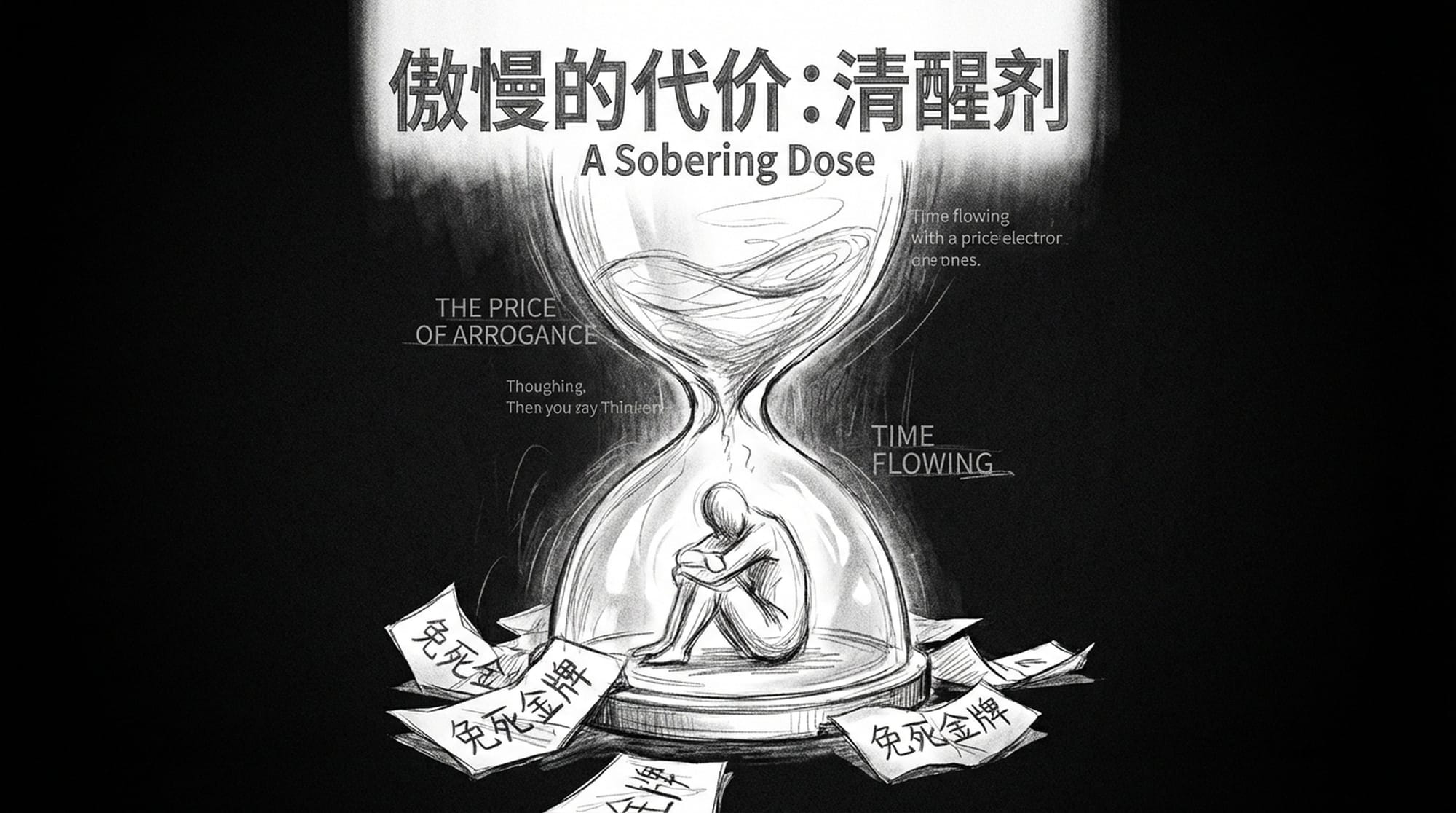 “免死金牌”变成废纸散落在地，温斯坦被困在一个计时器巨大的沙漏中，沙子不断流逝，象征着他用尽的特权和所付出的代价。