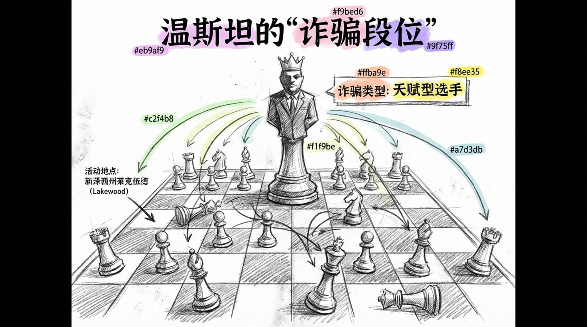 一个复杂的棋盘，温斯坦的棋子在高处俯视全局，周围是受害者的小棋子，象征着他的掌控力和天赋型的诈骗能力。