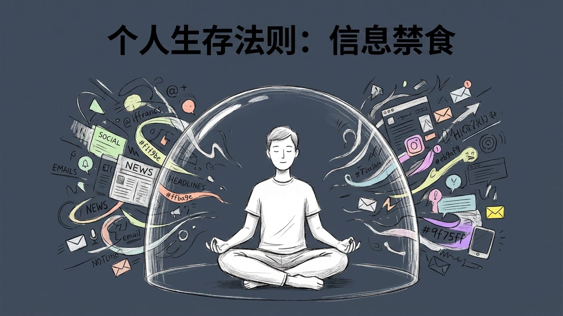 一个人平静地坐在一个被信息流包围的空间中