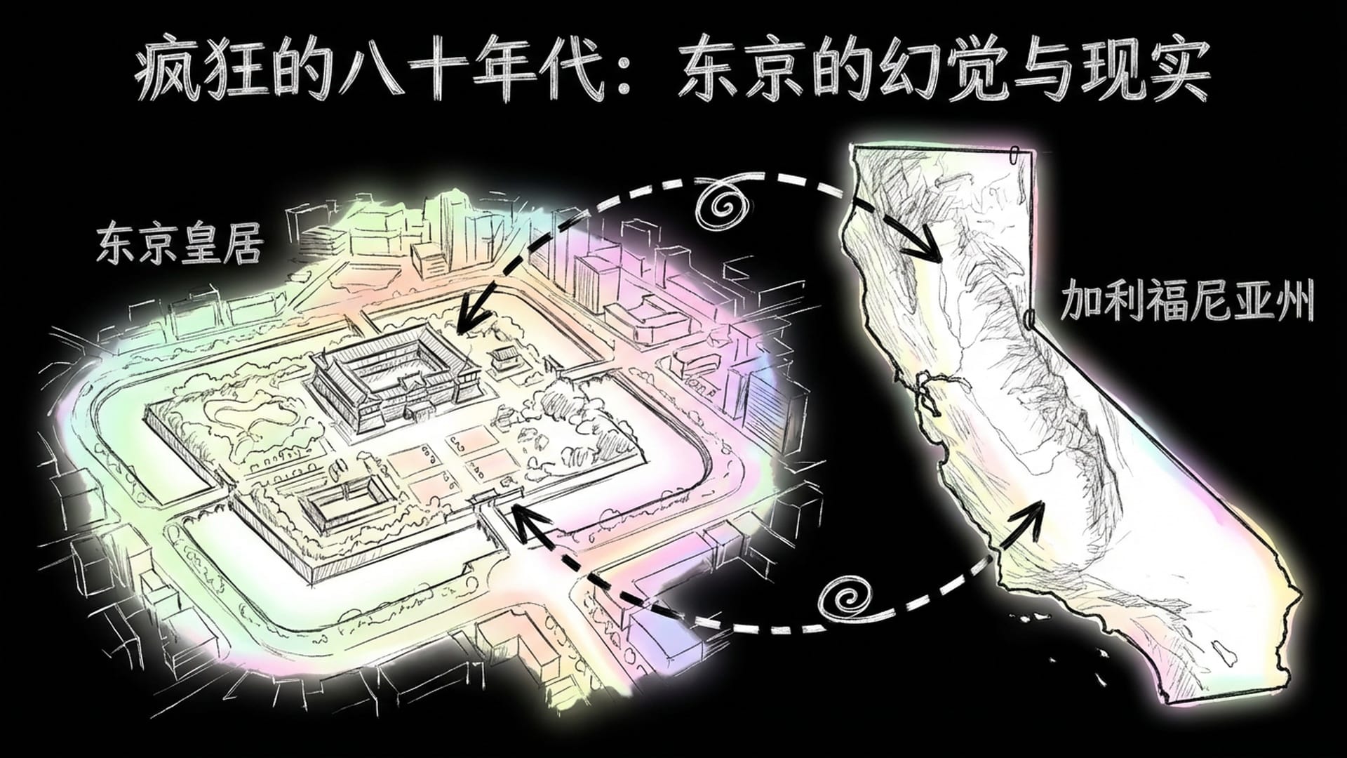 俯瞰东京皇居和加利福尼亚州地图