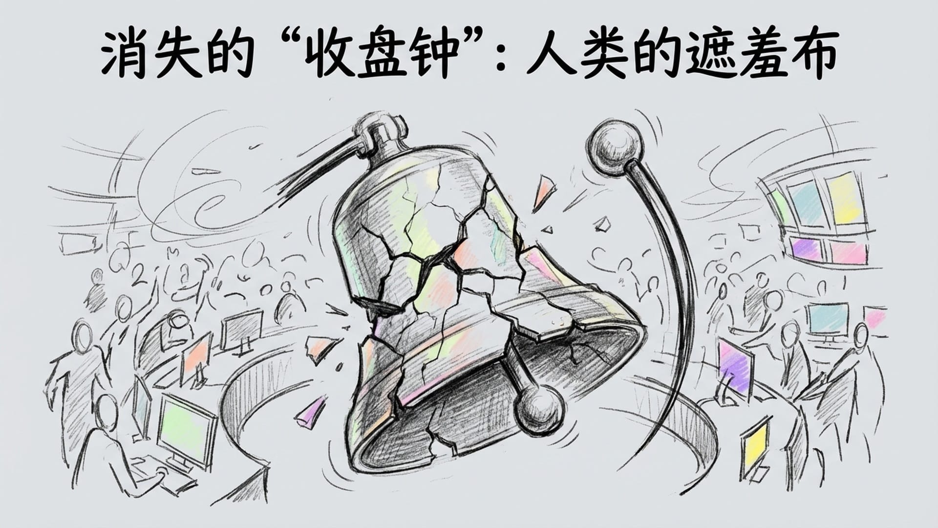 一个巨大的老式收盘钟，钟锤高高扬起，但钟面破碎，象征着收盘机制的瓦解。背景是忙碌的交易大厅。