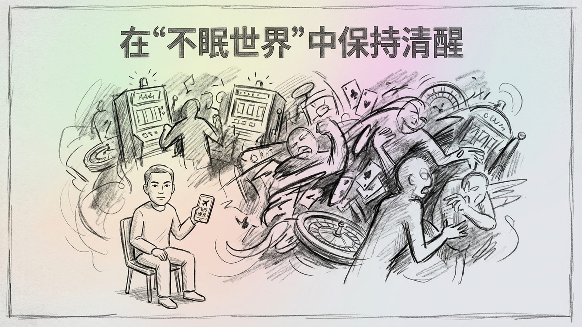 在一个嘈杂、混乱的巨大赌场里，一个人静静地坐在角落，眼神清澈而坚定，他手中的手机屏幕显示着“飞行模式”。