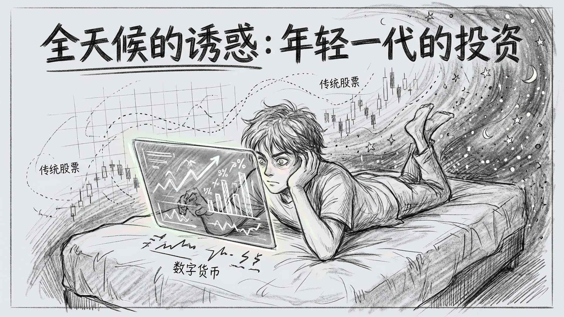 一个年轻人躺在床上，屏幕上显示着跳动的数字货币，背景是星空，同时隐约有传统股票K线图闪过。