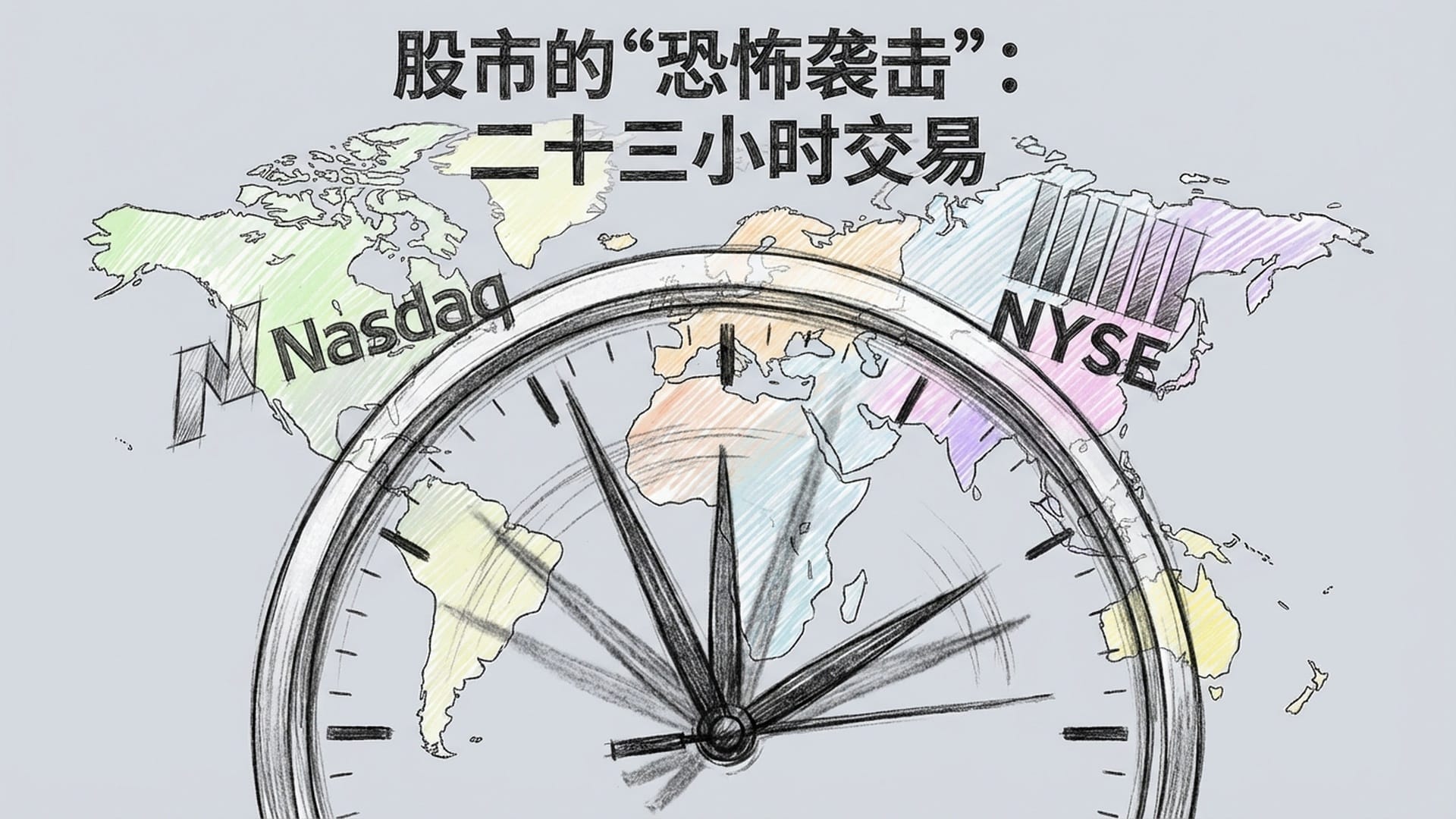 时钟的指针疯狂旋转，背景是纳斯达克和纽交所的标志，叠加在世界地图上，暗示全球化影响。