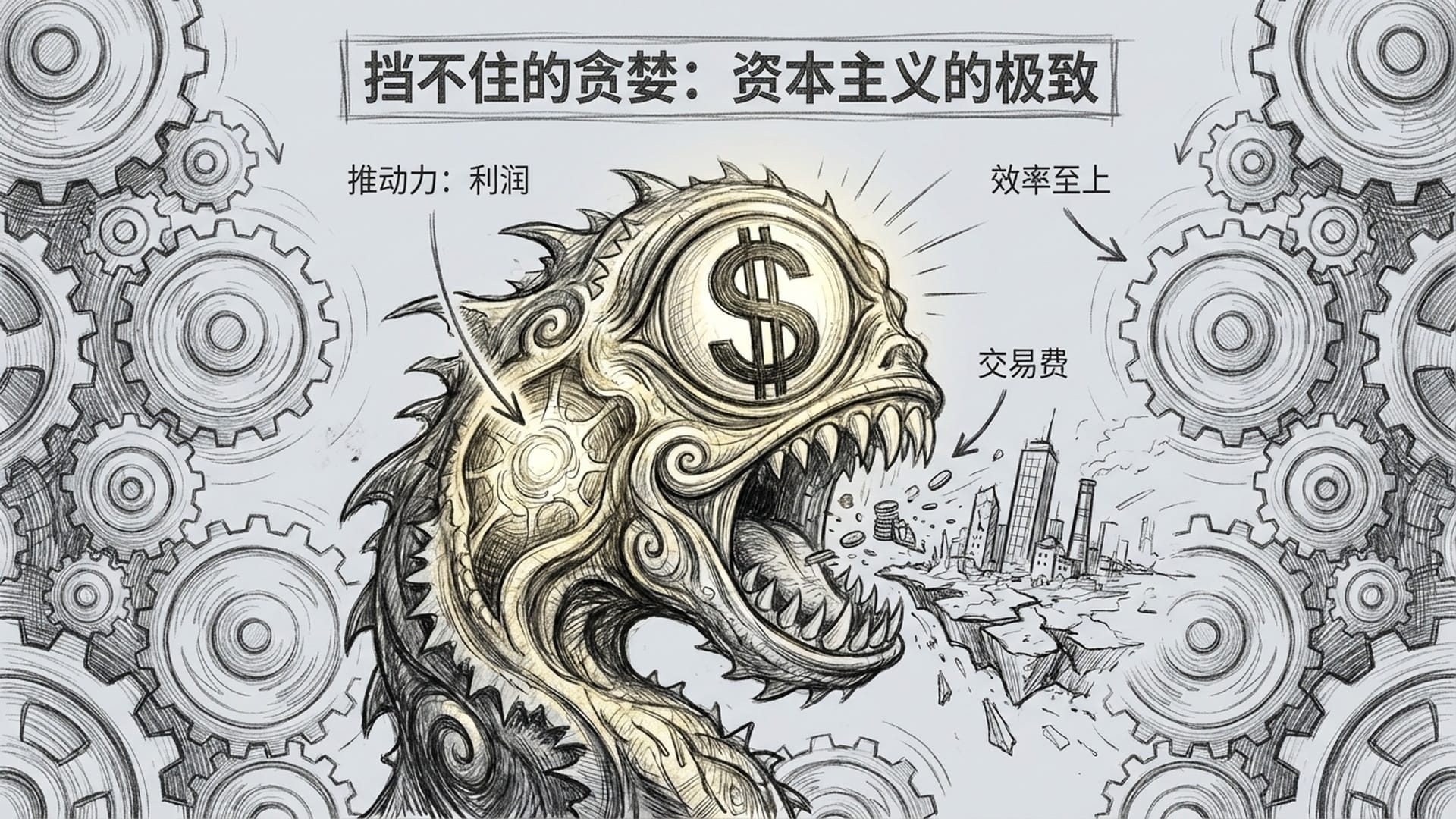 一只巨大的、闪耀着金光的怪兽在吞噬一切，它的眼睛是美元符号。背景是不断旋转的齿轮，象征着资本的永动。