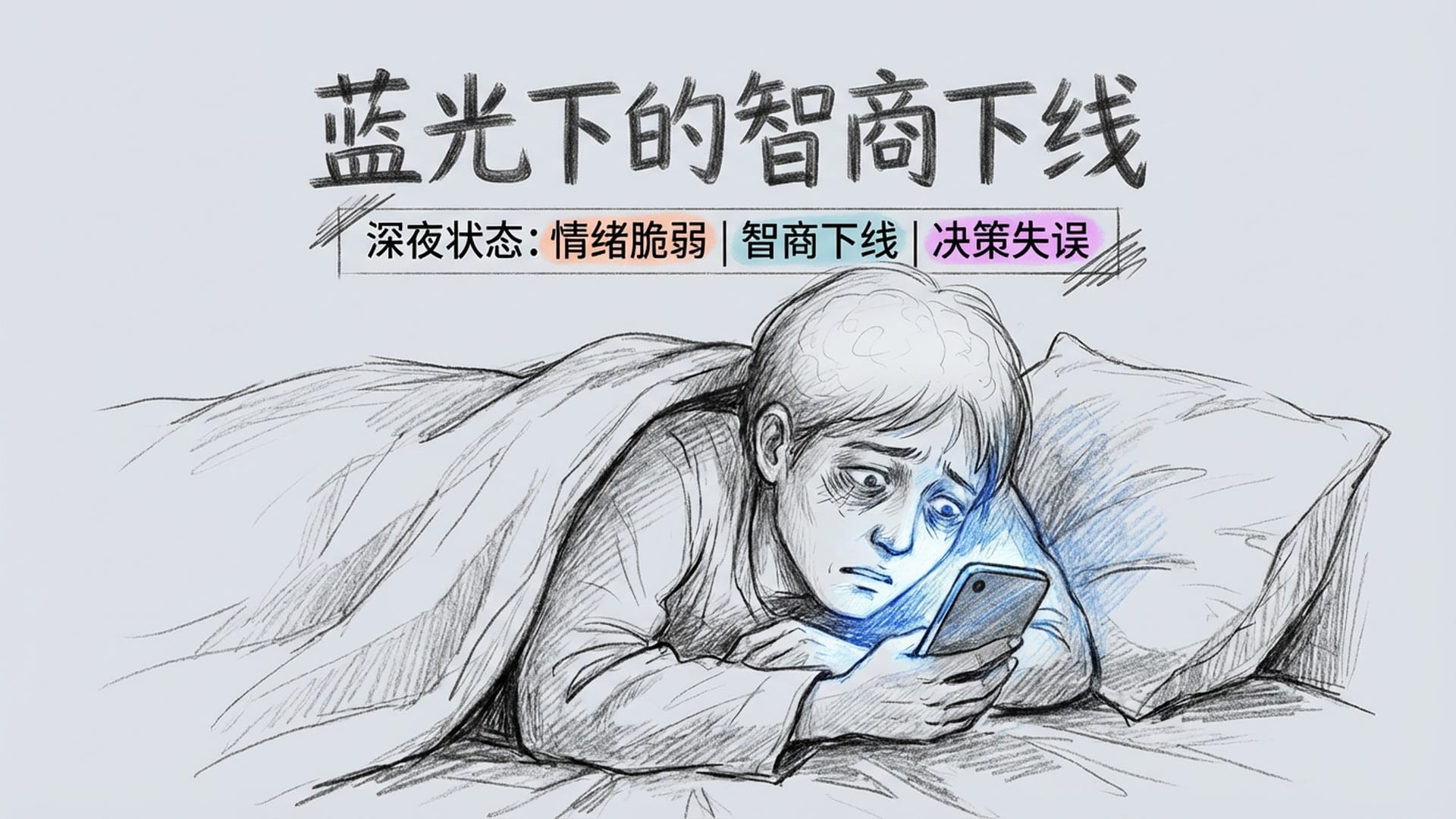 一个人在卧室里，手机屏幕发出幽蓝的光，照亮他焦虑的脸。他的大脑部分显示为一片空白，智商下线。