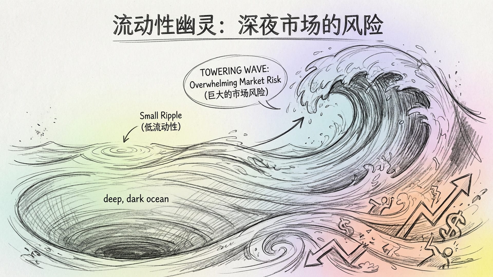 深不可测的蓝色海洋中，一个微小的涟漪被放大成巨浪。象征着在低流动性市场中小波动被无限放大。