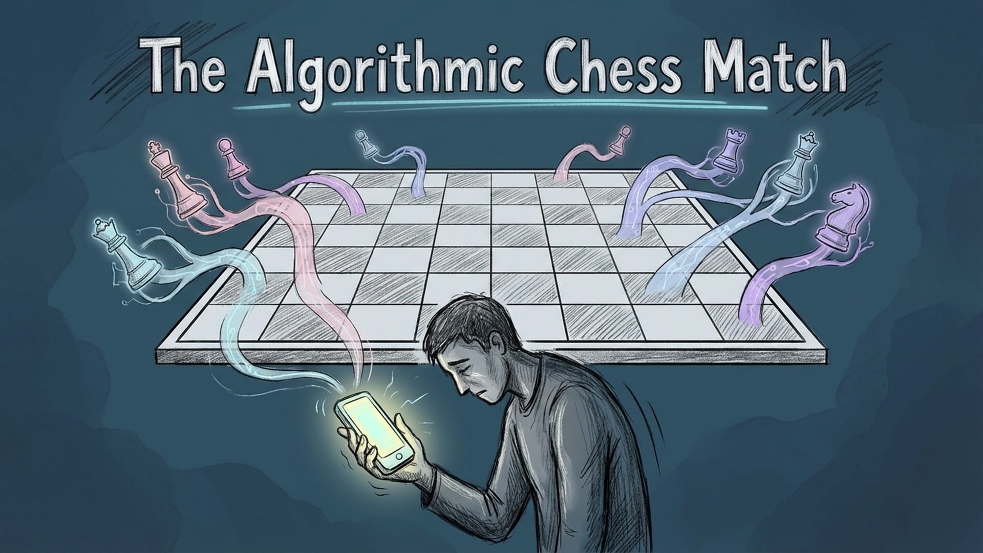 Person looking exhausted, phone glowing in their hand at 3 AM. Above them, a stylized chessboard with AI arms making strategic moves, representing a supercomputer's influence over user behavior. Dark, moody lighting.