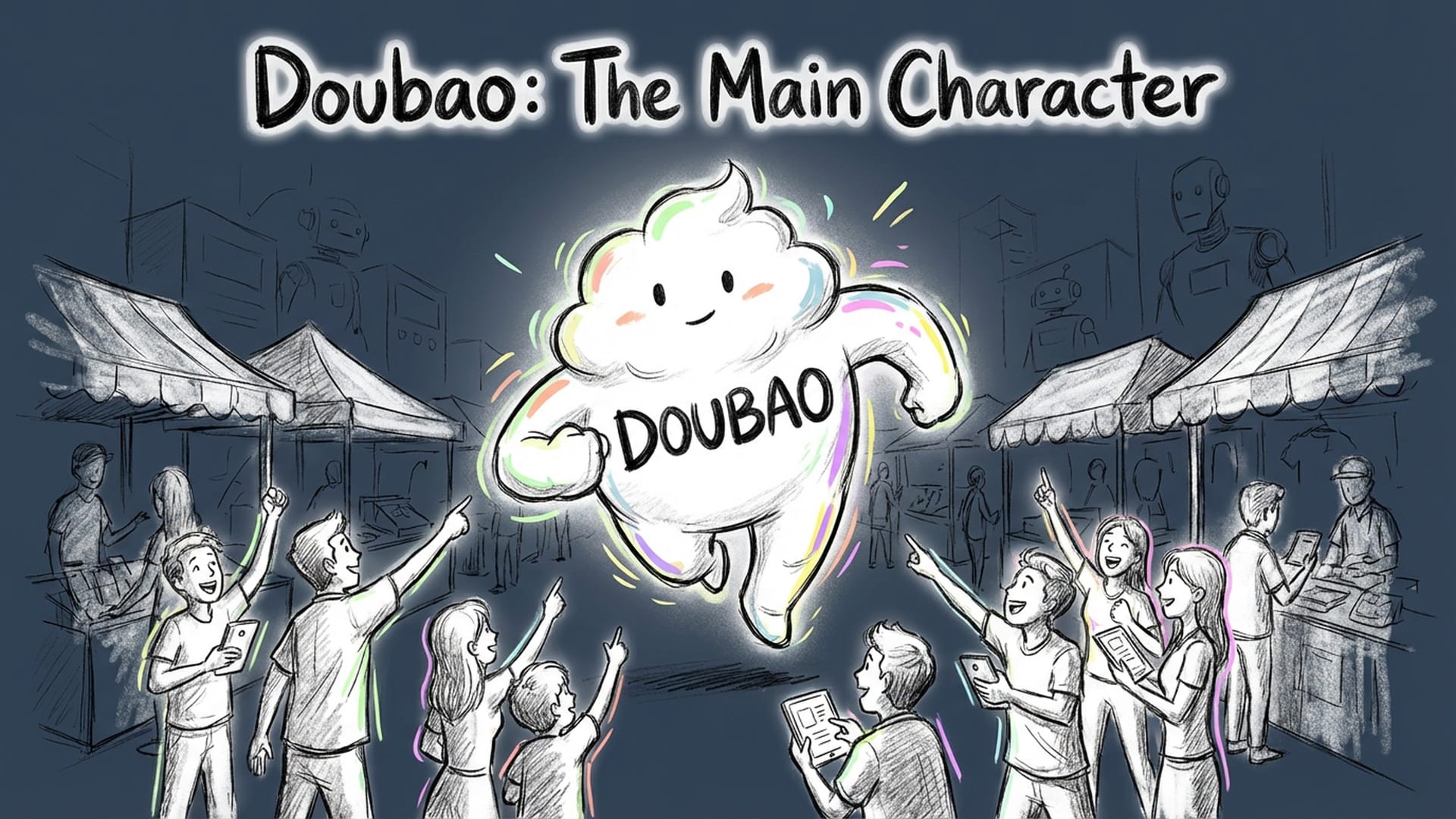 A bustling, vibrant market scene in China, with 'Doubao' as a central, glowing figure, surrounded by enthusiastic users. Other AI assistants (stylized, less prominent) are in the background.