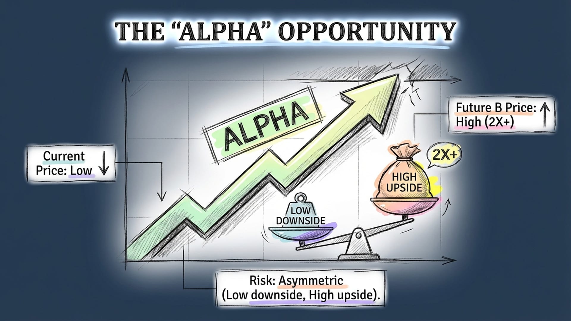 A clear, upward-sloping arrow labeled 'Alpha', pointing from the current low valuation towards the potential high valuation of Future B. Text 'Asymmetric Risk' with a balanced scale, favoring upside. Clean, analytical.