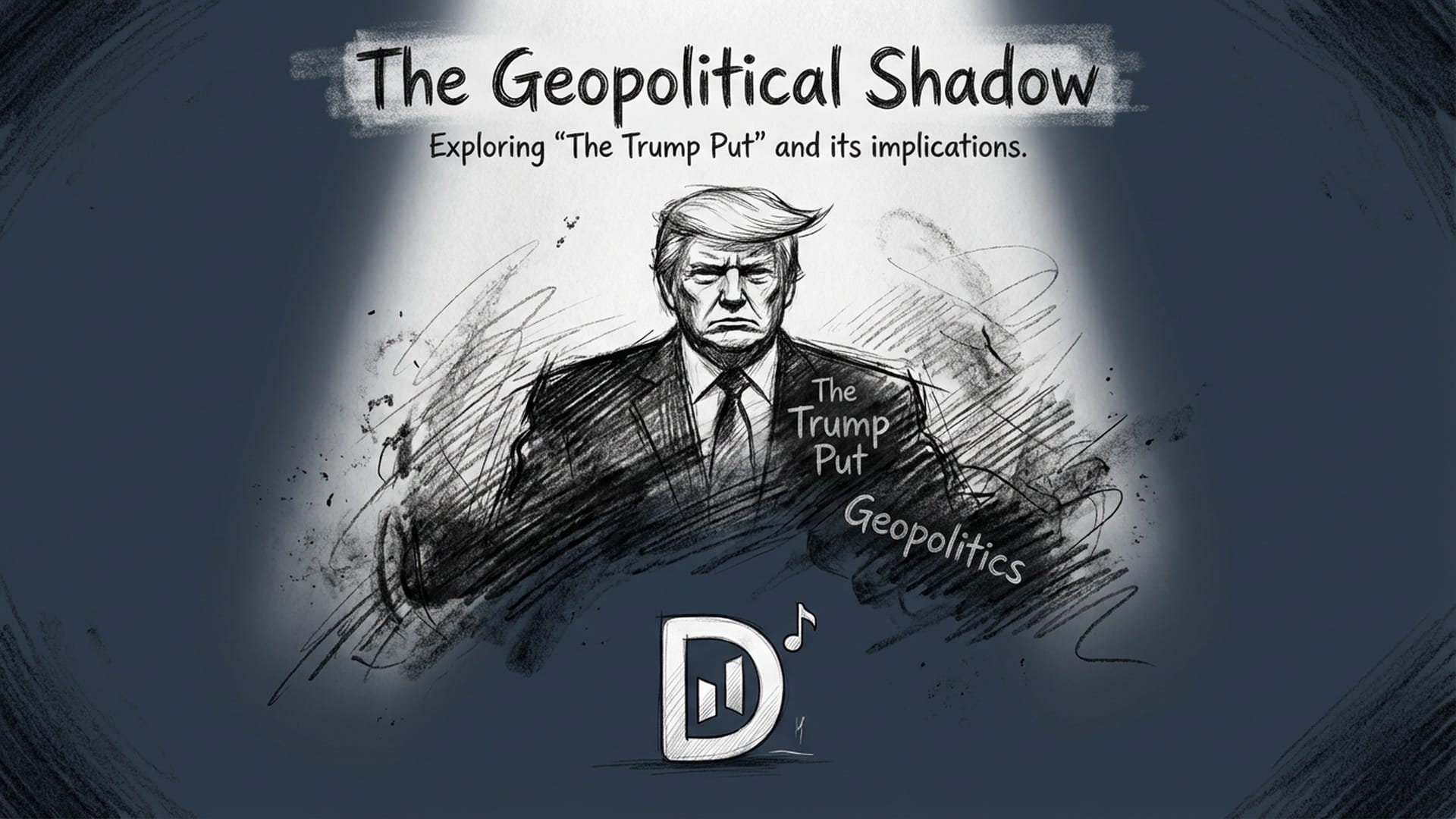 A large, menacing shadow of a political figure (abstract, not specific) looms over a small, vulnerable ByteDance logo. Text 'The Trump Put' and 'Geopolitics' subtly integrated into the shadow area. Dramatic, ominous.