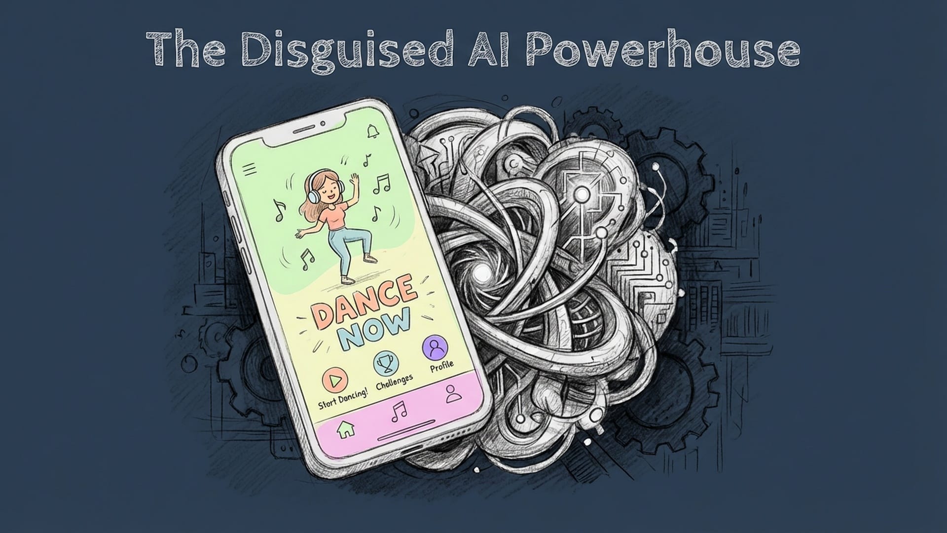 Stylized, abstract representation of a powerful, complex AI core veiled by a shimmering, light-hearted illustration of a mobile dance app. Contrasting themes of hidden depth and playful surface.