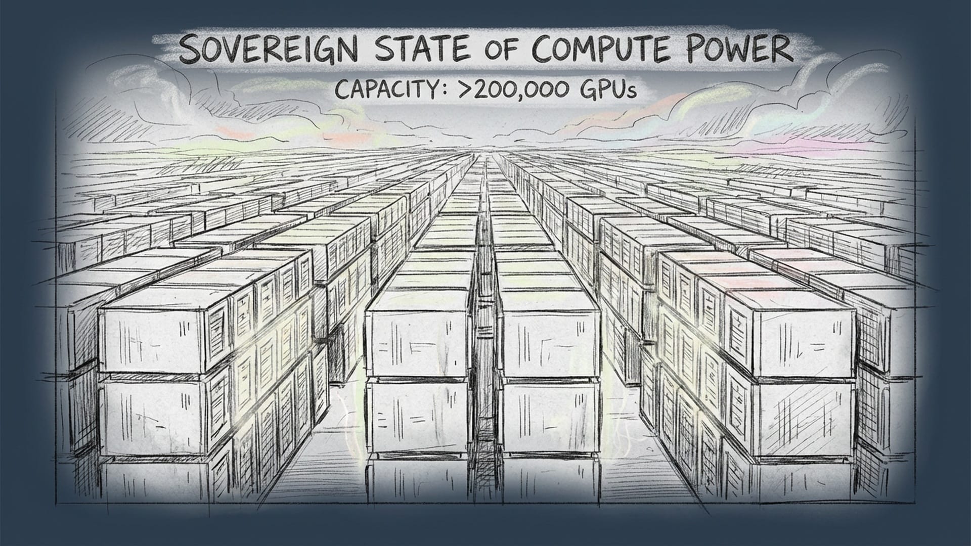 A massive, futuristic server farm, extending into infinity, with 200,000 GPUs represented as glowing, stacked units. A sense of immense scale and power.