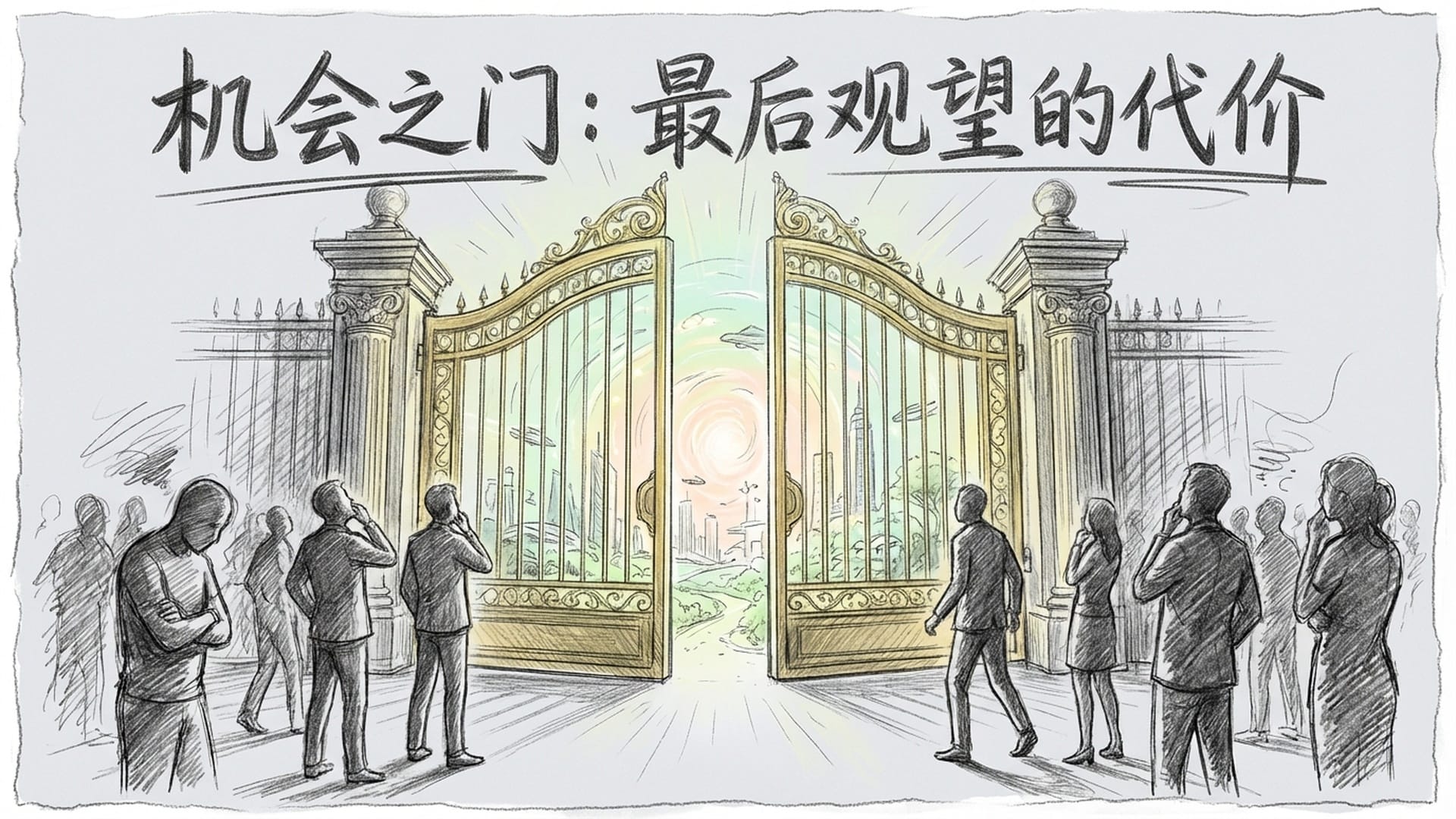 即将关闭的金色大门，门外是犹豫不决的人群