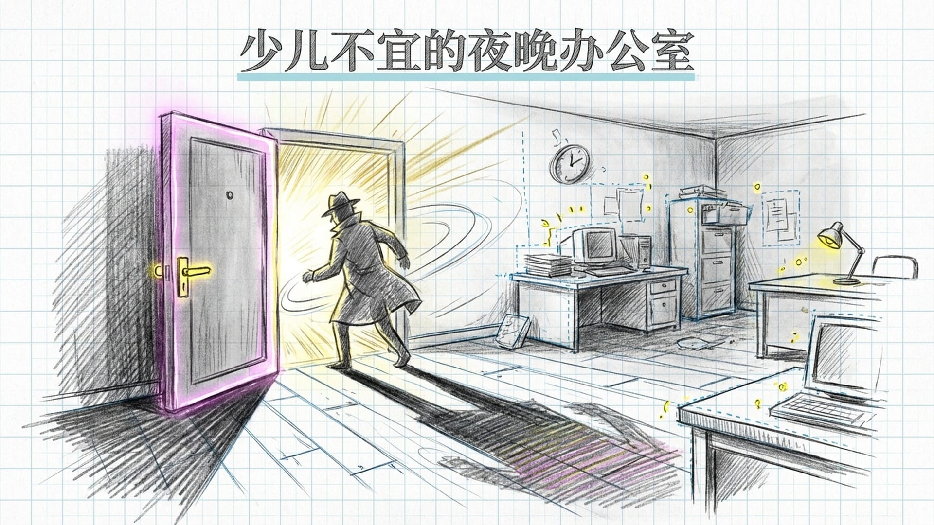 一个深夜办公室的场景，门“吱呀”一声打开，办公室里的人影惊恐地回头。画面采用电影悬疑片的暗色调和高对比度，突出紧张感。