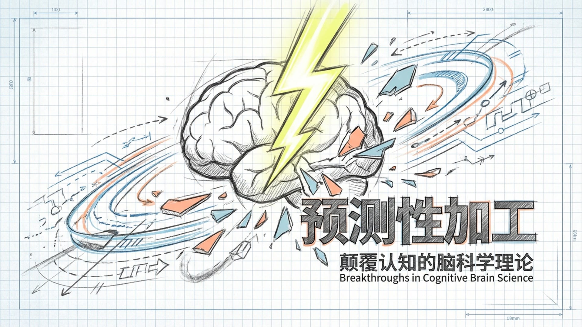 一个被闪电击中的传统大脑模型，表现出冲击和颠覆感。周围是碎片和数据流，象征着旧观念的瓦解和新理论的涌现。文字“预测性加工”以醒目字体呈现。