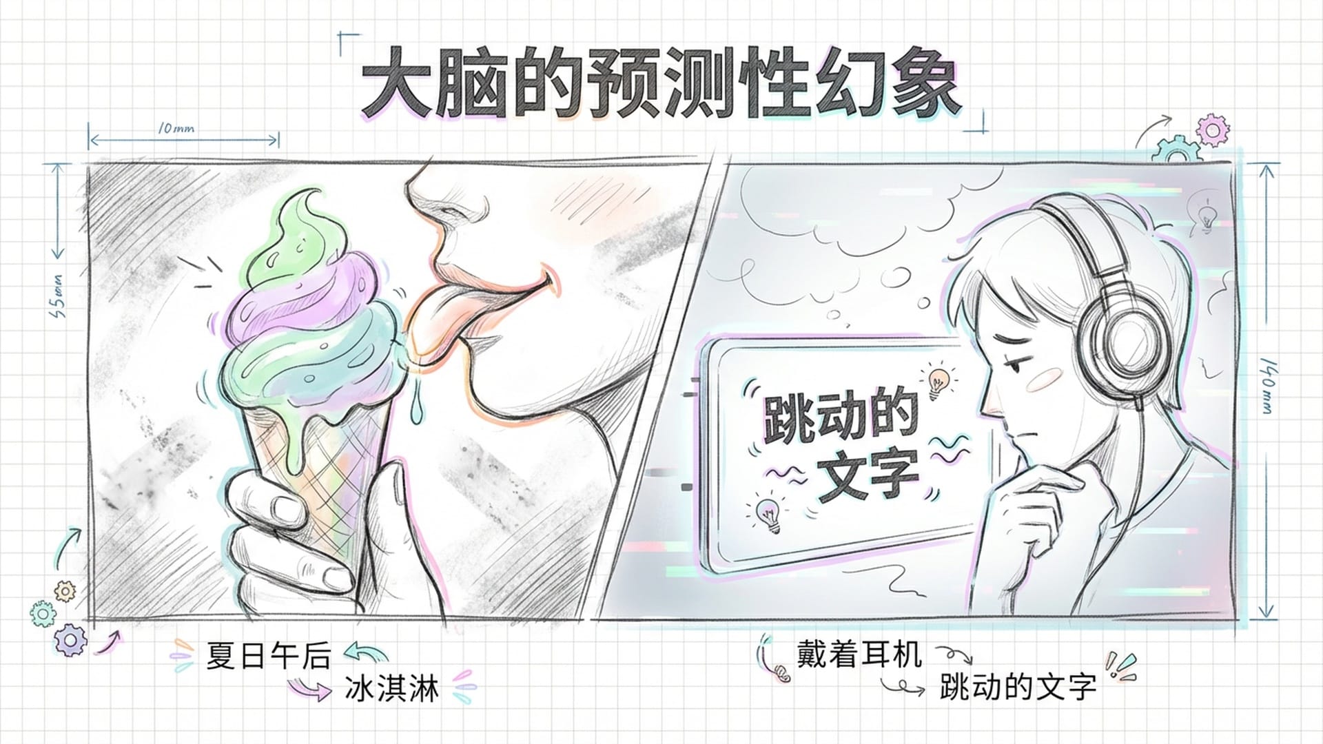 一个人在夏日午后舔冰淇淋的特写，冰淇淋色彩鲜艳；旁边是戴着耳机的沉思者，屏幕上显示跳动的文字。整个画面笼罩在一种梦幻般的、略带不真实感的光晕中。
