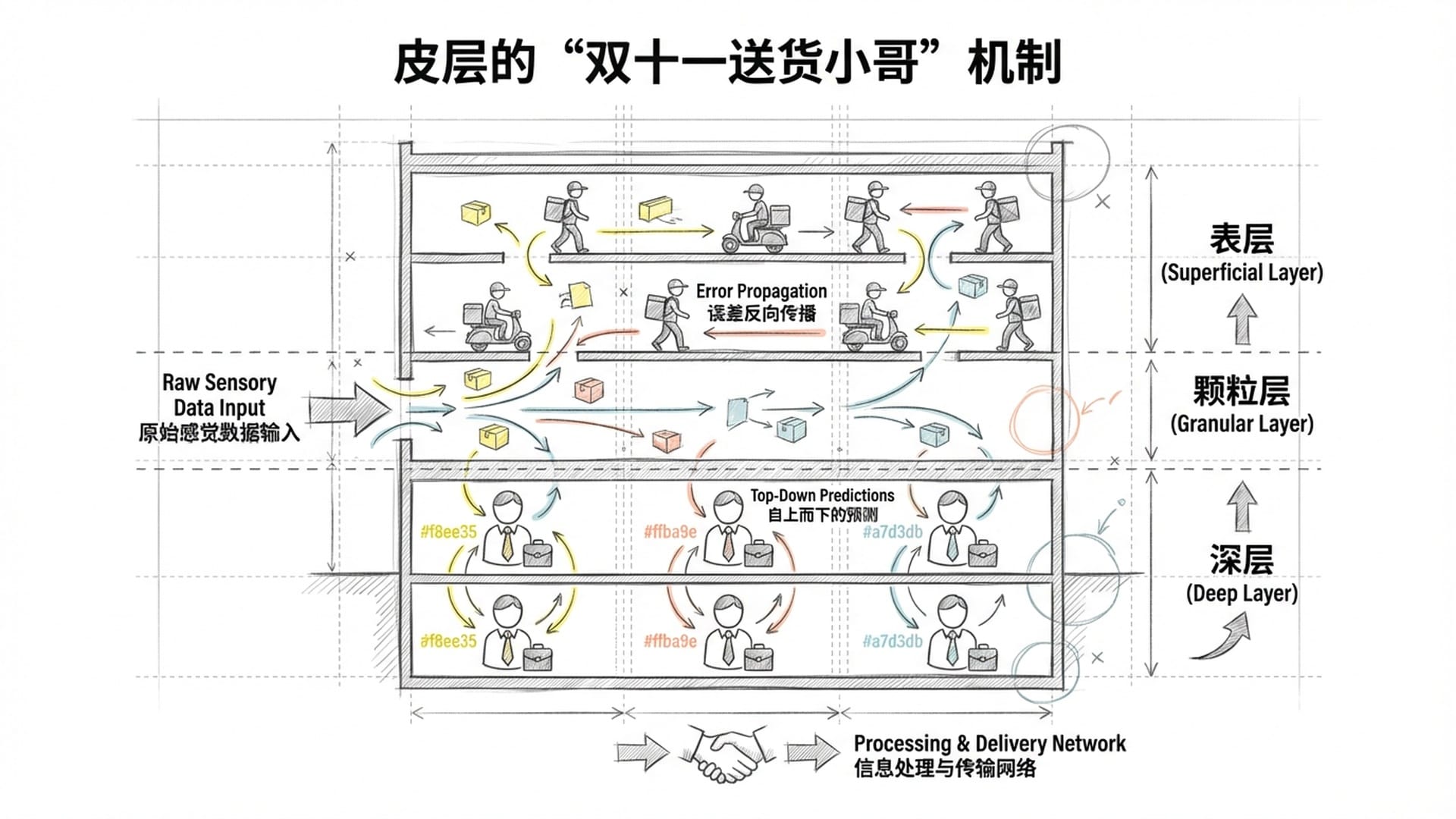 大脑皮层六层楼房的剖面图，楼层上标有“深层”、“表层”和“颗粒层”。深层有“老板”图标指示自上而下预测，表层有“送货小哥”图标指示误差传递，颗粒层接收原始数据。