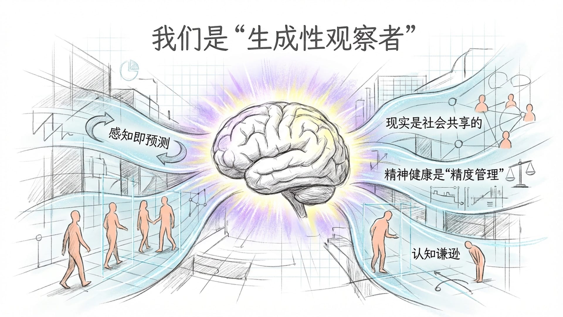 一个巨大的发光大脑，从中投射出一个连续不断的、幻觉般的“世界模拟”。人影在模拟世界中穿行，但被模拟世界的规则所限制。强调大脑是现实的创作者，我们是“生成性观察者”身份。