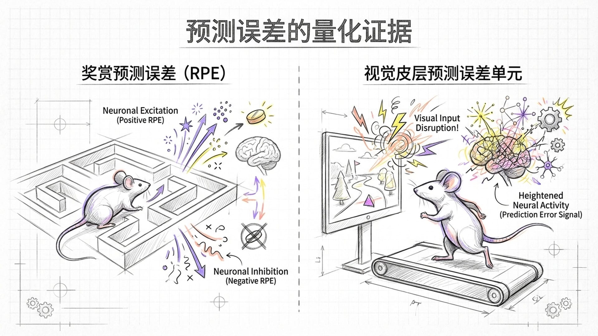左侧是老鼠在迷宫中得到不同奖励后，神经元兴奋或抑制的对比图；右侧是小鼠在虚拟现实中奔跑，视觉流中断时，预测误差单元“火力全开”的脑活动图。