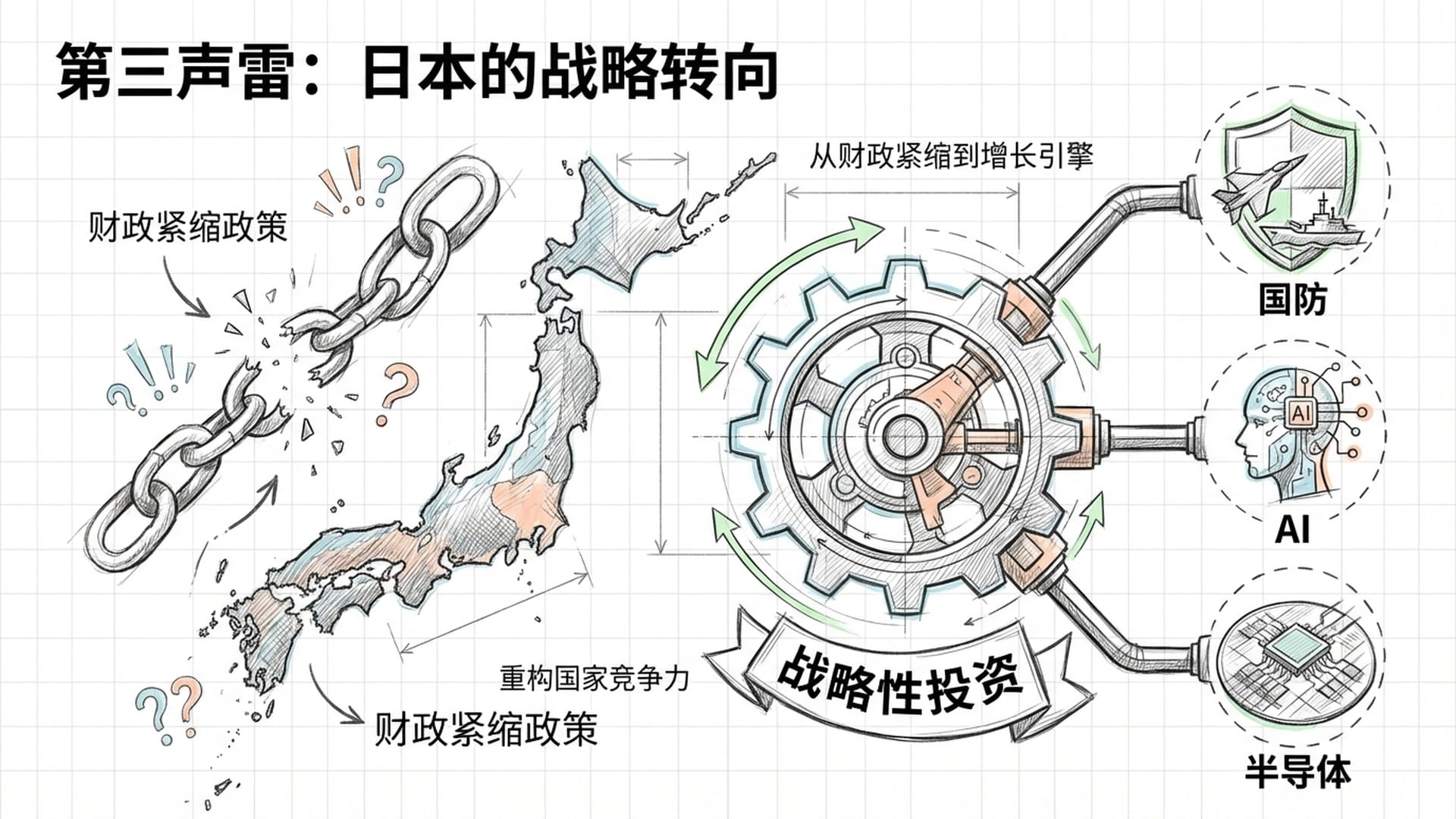 日本地图上，财政紧缩政策的锁链被打破，取而代之的是“战略性投资”的巨大齿轮。