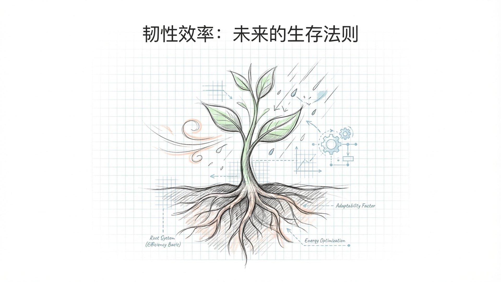 坚韧的植物在风雨中生长，根系深扎地面，象征“韧性效率”的新范式。