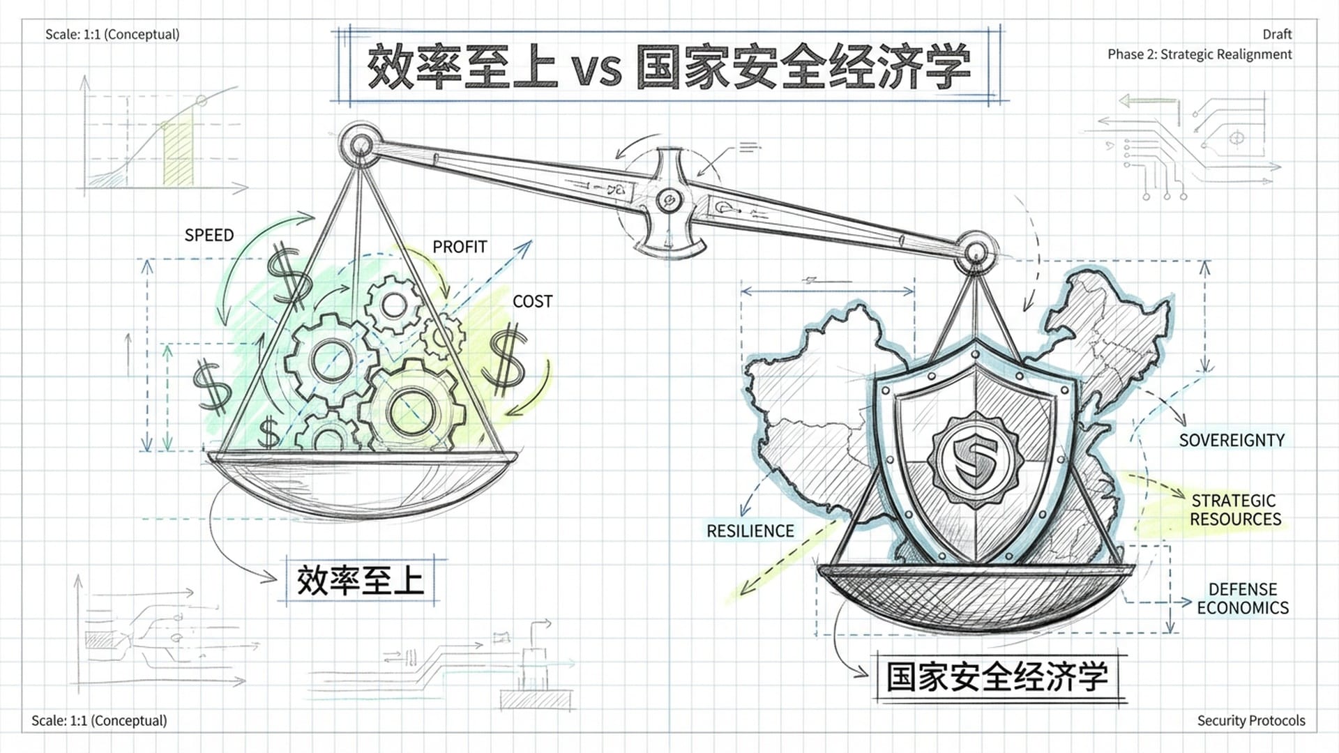 天平两端，一边是齿轮、金钱符号，另一边是国家地图和盾牌，天平严重倾斜。
