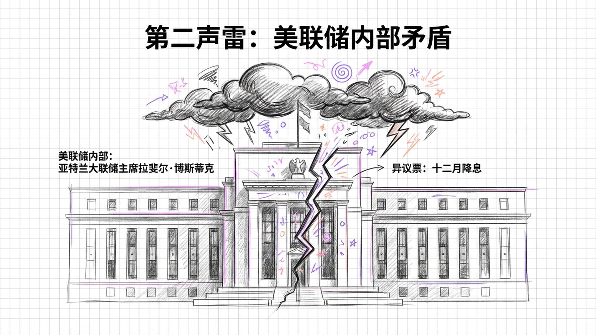 美联储大楼裂开一道缝隙，象征内部的分歧，乌云密布。
