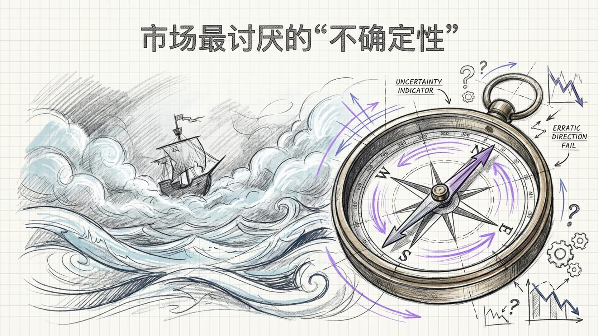 迷雾笼罩的海洋中，指南针指针疯狂旋转，一艘船漂浮不定。