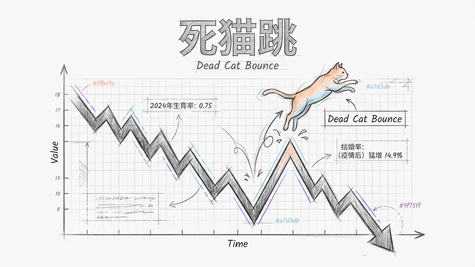 一只死猫跳跃在股票K线图上，曲线短暂回升后再次下坠，象征着虚假的希望。