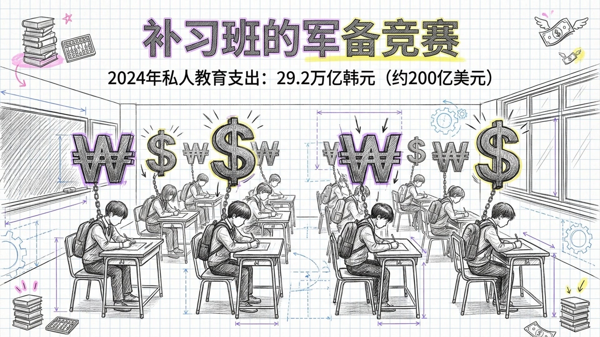 一排排学生坐在补习班教室里，头上悬着巨大的美元符号和韩元符号，天价学费的压迫感。