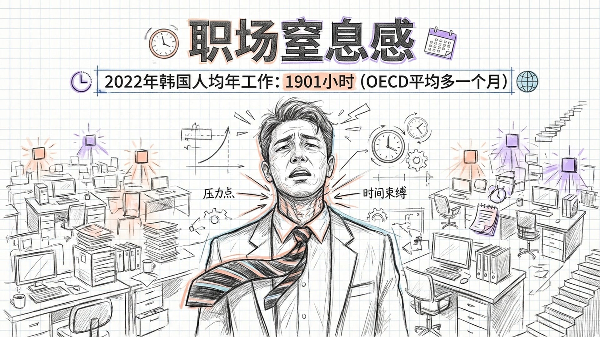 一个被领带紧紧勒住脖子的上班族，背景是密密麻麻的办公桌和熬夜加班的灯光，象征韩国职场文化。