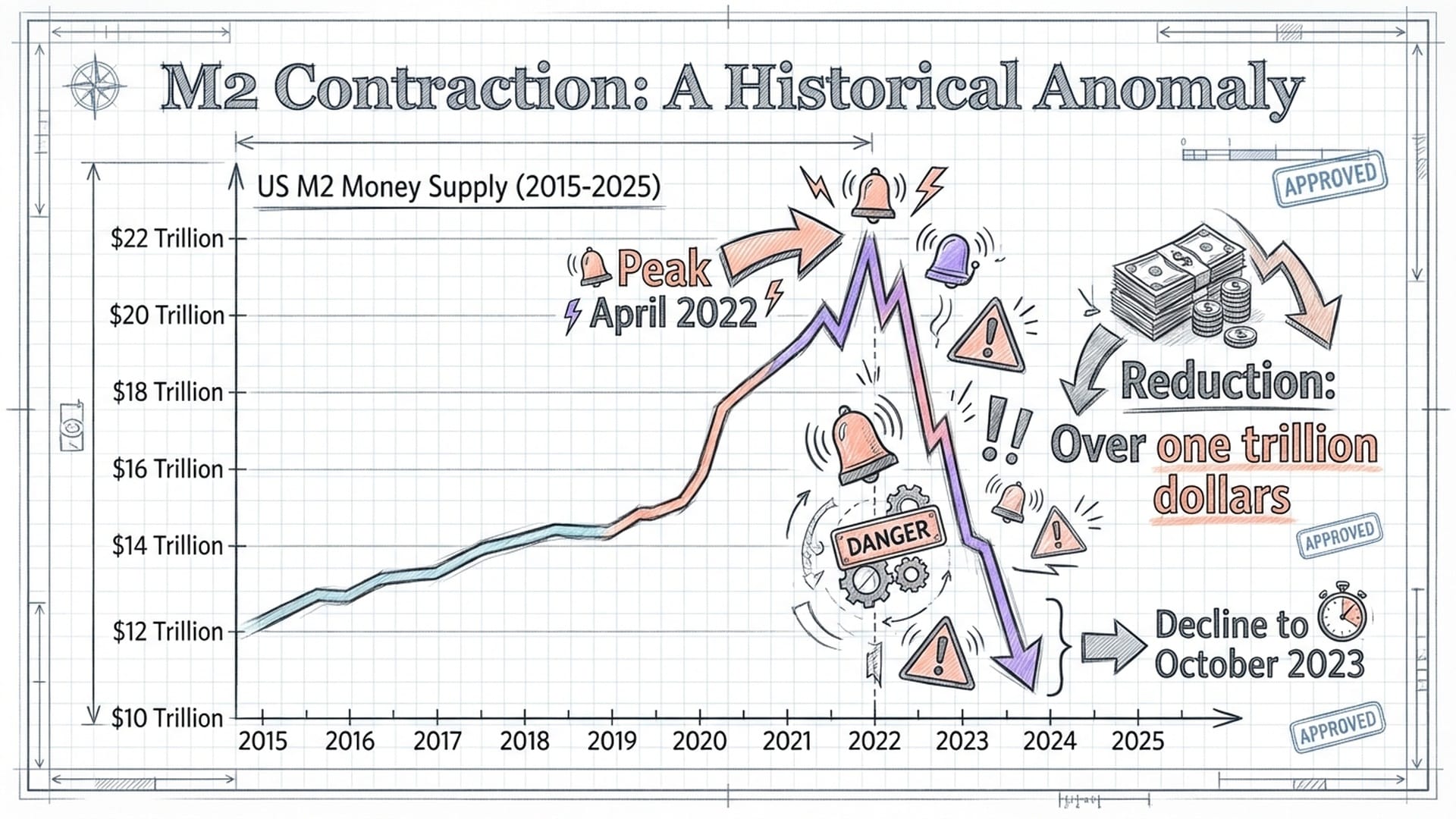 A line graph showing a sharp decline in M2 money supply, contrasting with historical growth. Alarm bells ringing visually.