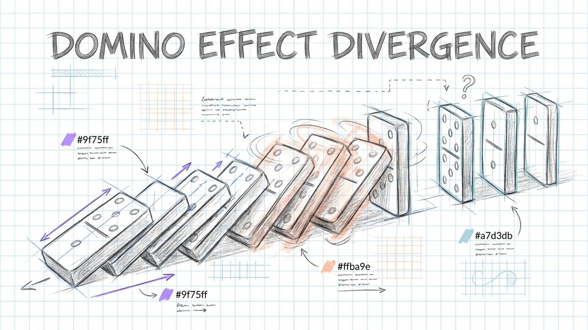 A row of dominoes, some fallen, some wobbling, not all collapsing at once. Represents fragmented deceleration.