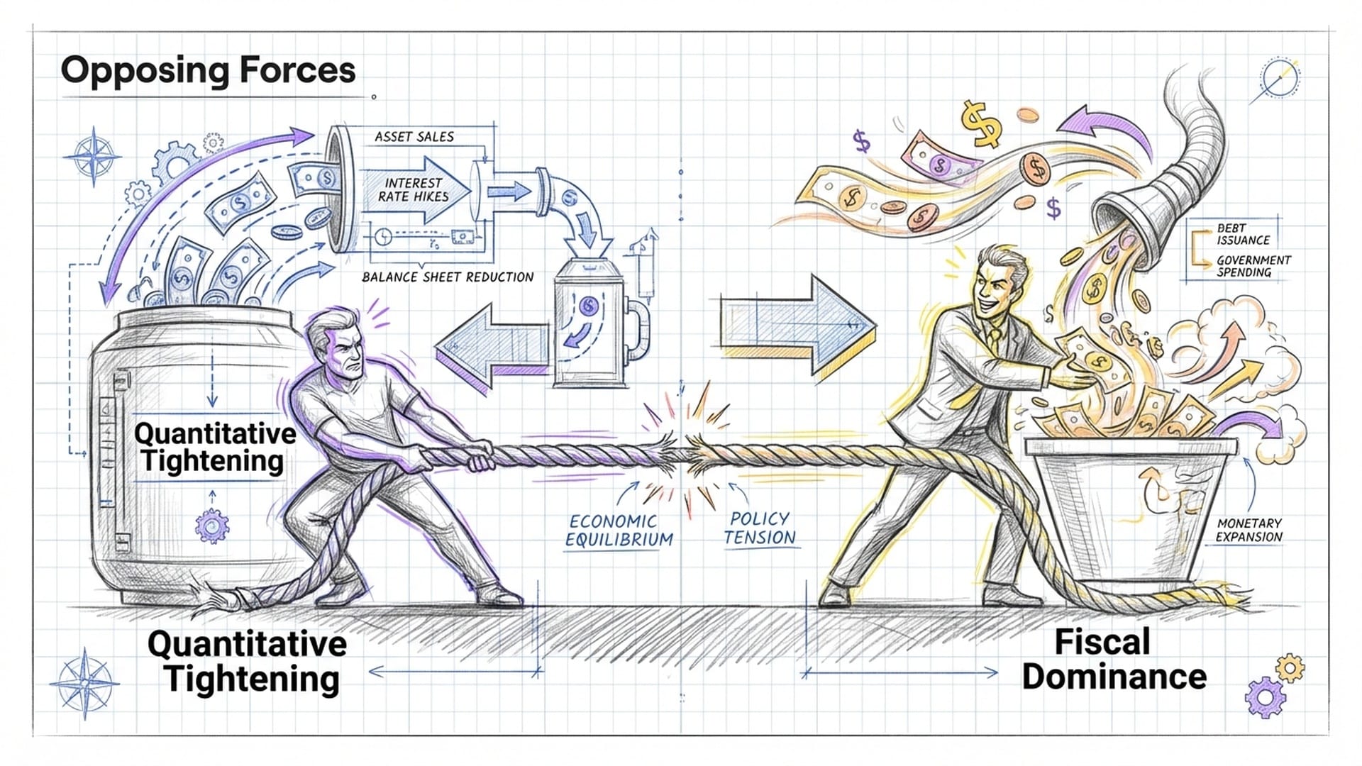 A tug-of-war visual: one side represents 'Quantitative Tightening' pulling money out, the other 'Fiscal Dominance' pouring money in. Dynamic and tense.
