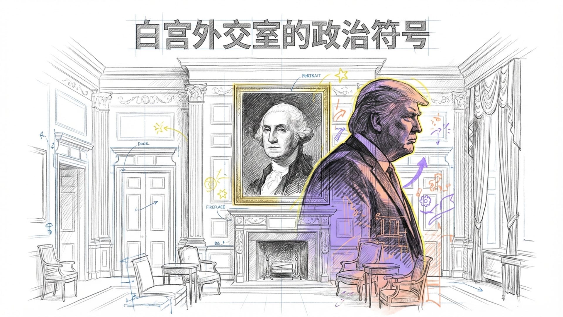 白宫外交接待室，华盛顿画像特写，特朗普的剪影投射在墙上，巨大。