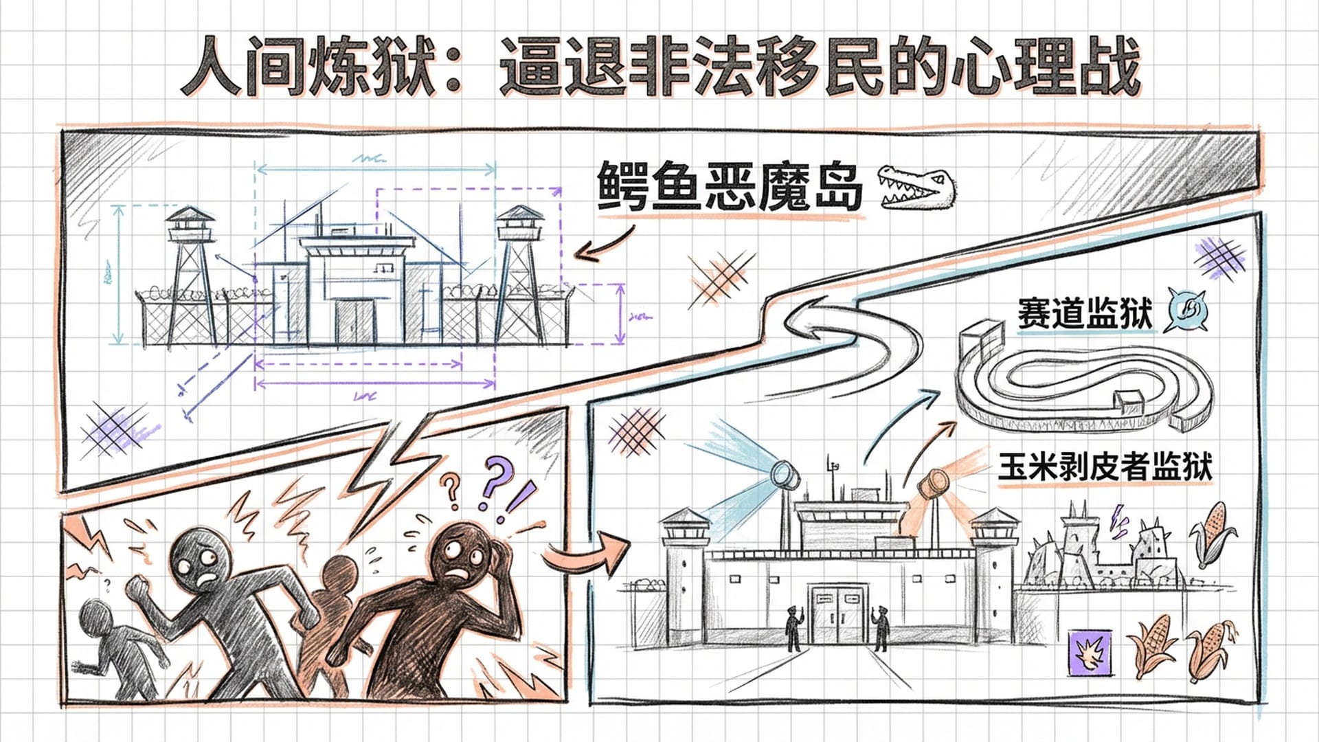 漫画风格的拘留设施，名字吓人，如“鳄鱼恶魔岛”。移民的影子惊恐逃离。