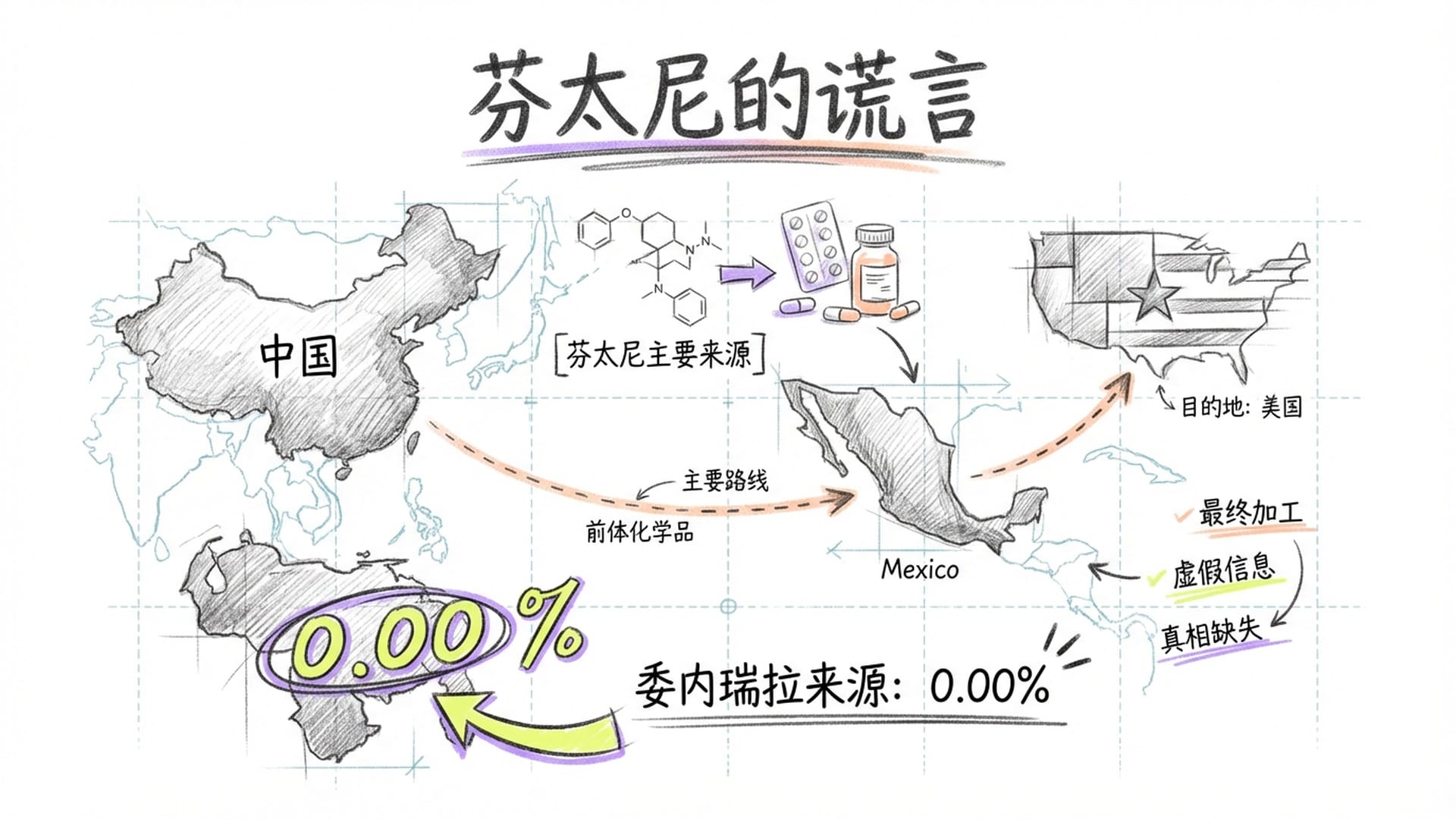 地图上，芬太尼的主要来源（墨西哥、中国）清晰可见，而委内瑞拉附近被标记一个大大的“百分之零点零零”。
