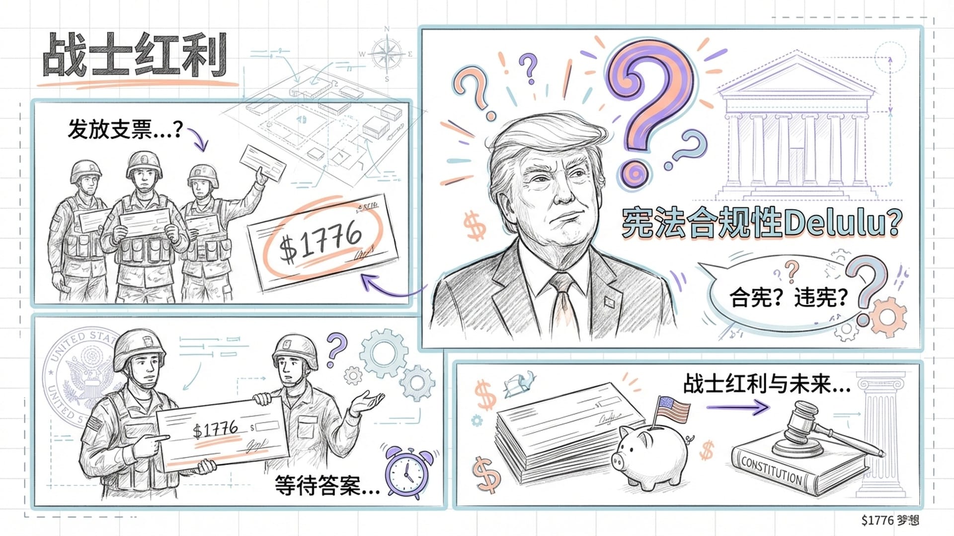 穿着军装的士兵们手拿一千七百七十六美元的支票，背后是特朗普的卡通形象，头上冒出一个大大的问号表示宪法合规性。