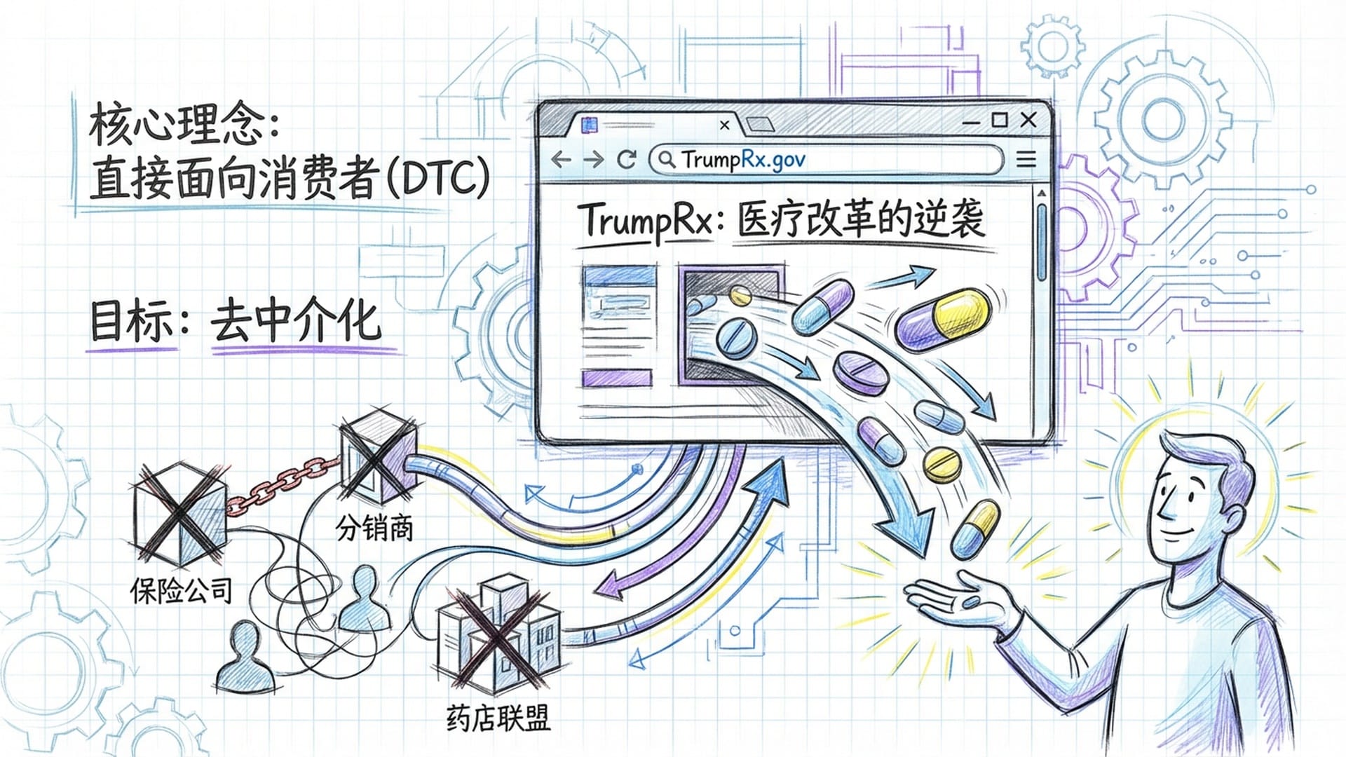 一个网站界面，上书“TrumpRx.gov”，药丸从网站直接掉落到消费者手中，绕过中间商。