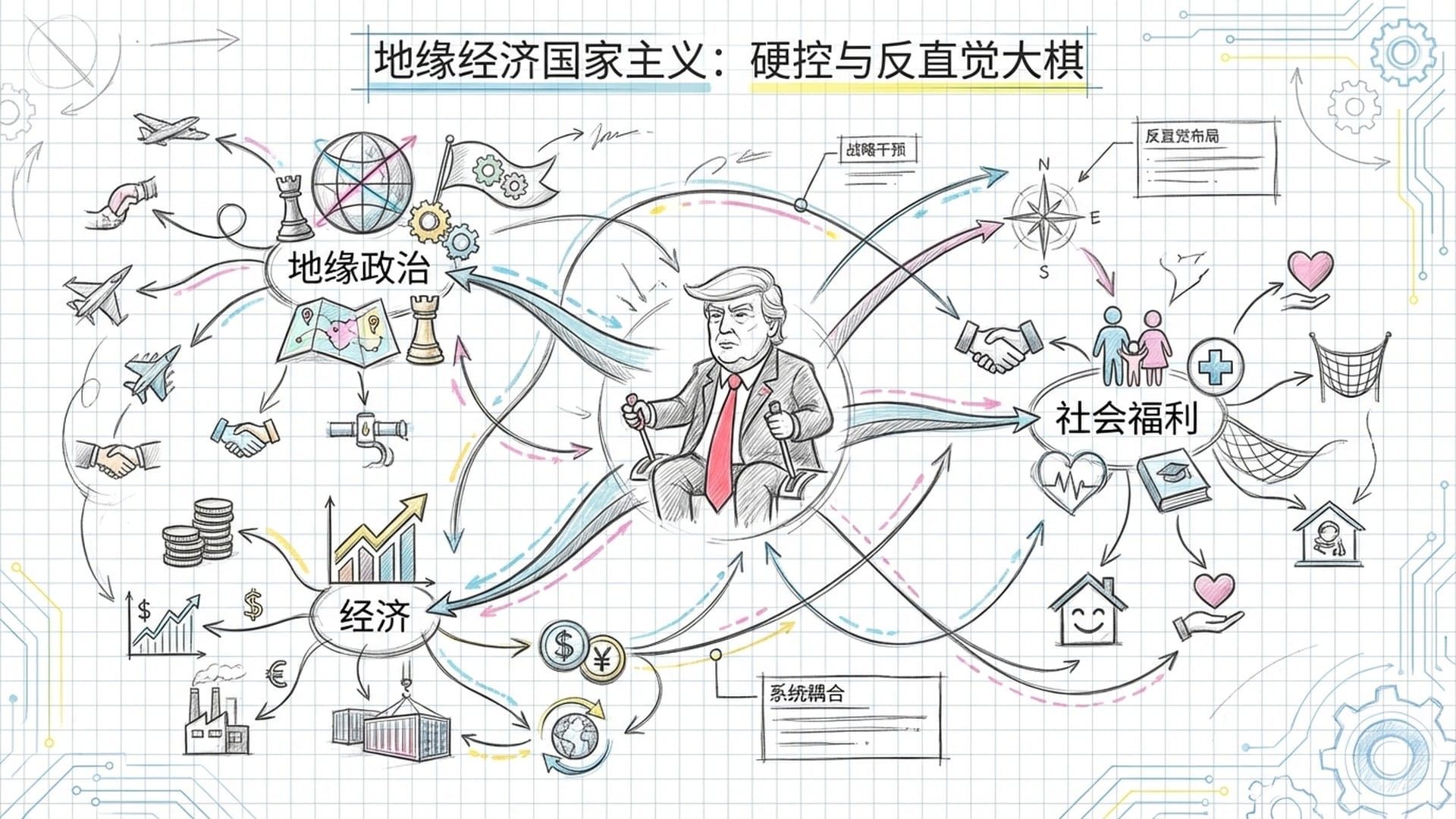 一个巨型棋盘，特朗普的卡通形象站在中心，操控着棋子，每个棋子都代表地缘政治、经济、社会福利等。