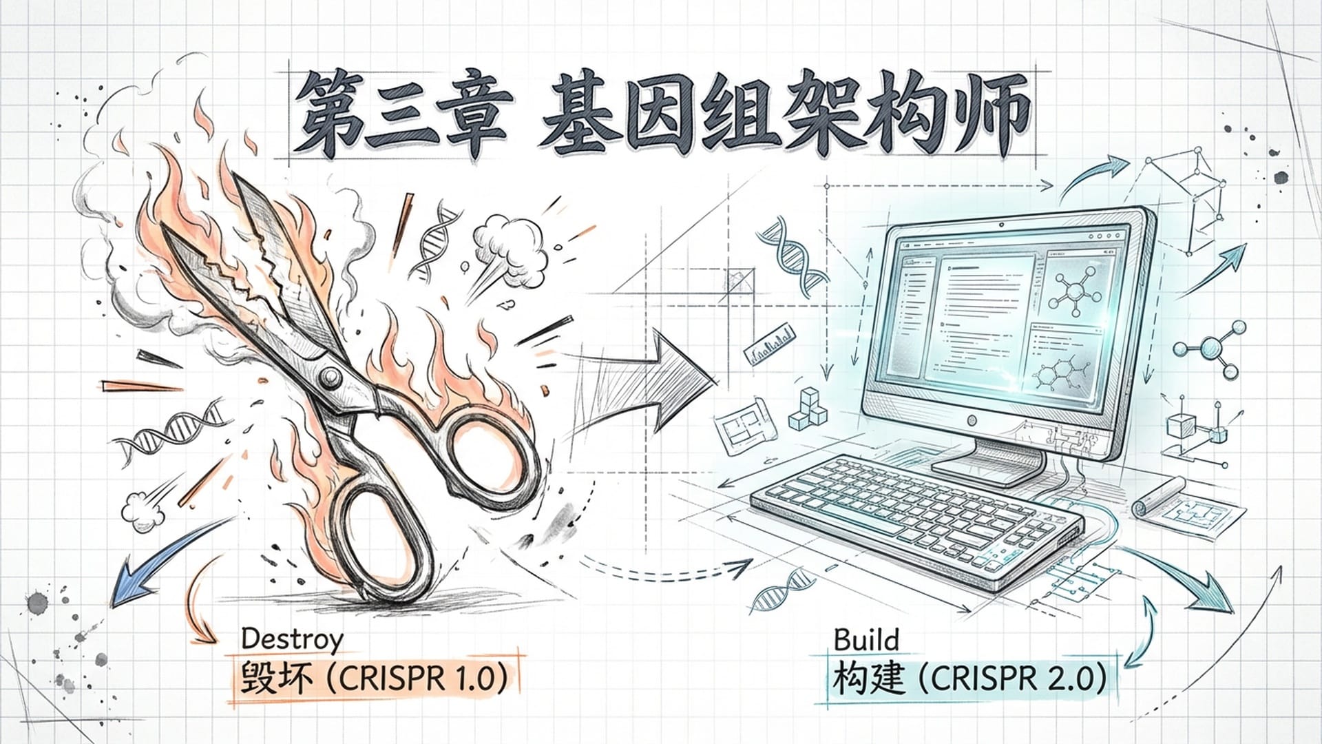 第三章标题。一把巨大的、被火焰围绕的剪刀(旧技术)被一个精密的文字处理器(新技术)取代。