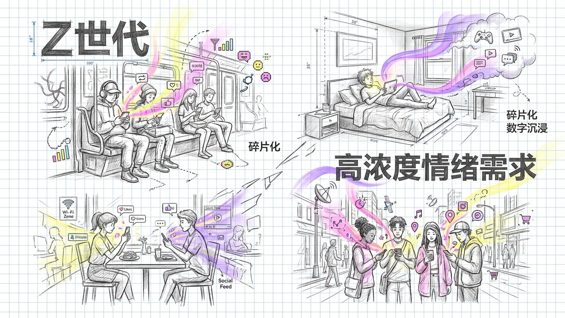 一群充满活力的Z世代青年（15-25岁）在街头低头刷手机，身体被彩色的光束包裹，画面呈现碎片化感。