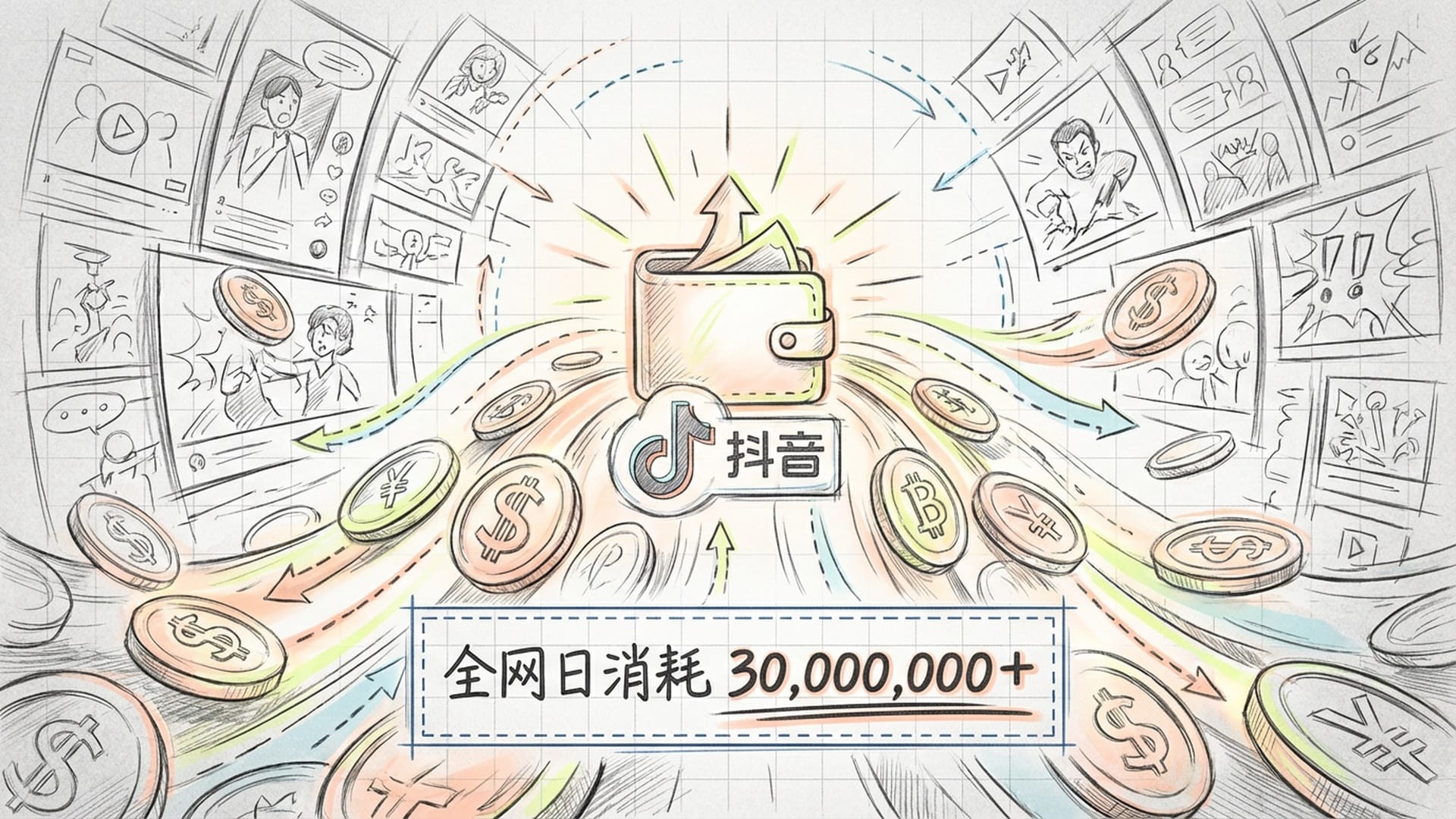 巨大的数字硬币喷涌而出，背景是抖音风格的短视频信息流，金钱符号与碎片化屏幕结合。