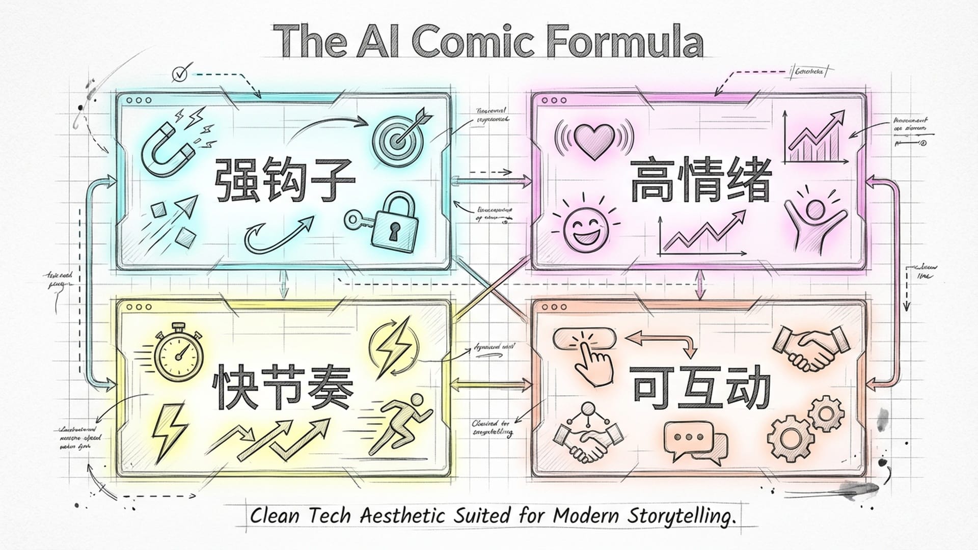 四块发光的互动面板，分别标注着公式的四个核心词汇，现代科技简约风格。