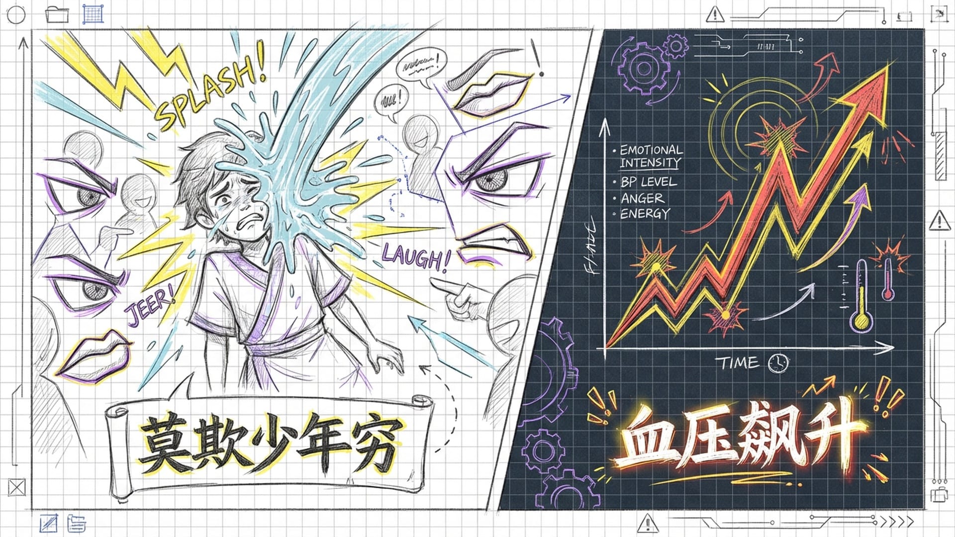 漫画格：主角被泼水的情节，周围人群嘲笑的嘴唇和眼神，充满张力的速度线。