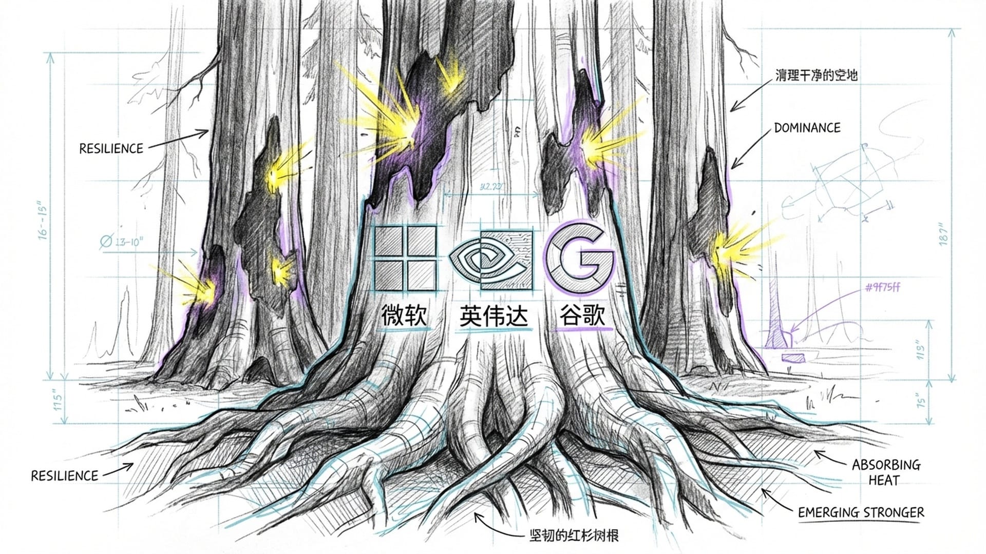 红杉林，树干上有微软、英伟达、谷歌等Logo