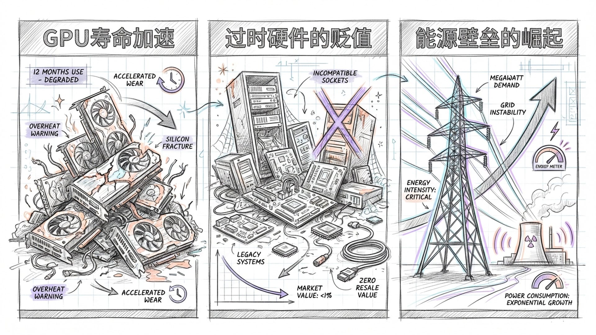 破旧的GPU堆成山，旁边是一个巨大的电缆塔连接核反应堆。